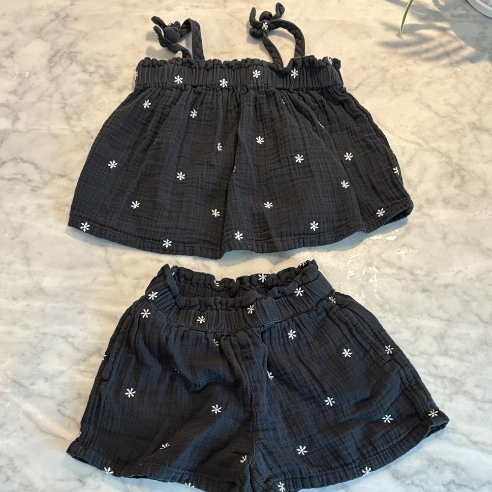 Black Two-Piece Set with White Floral Embroidery